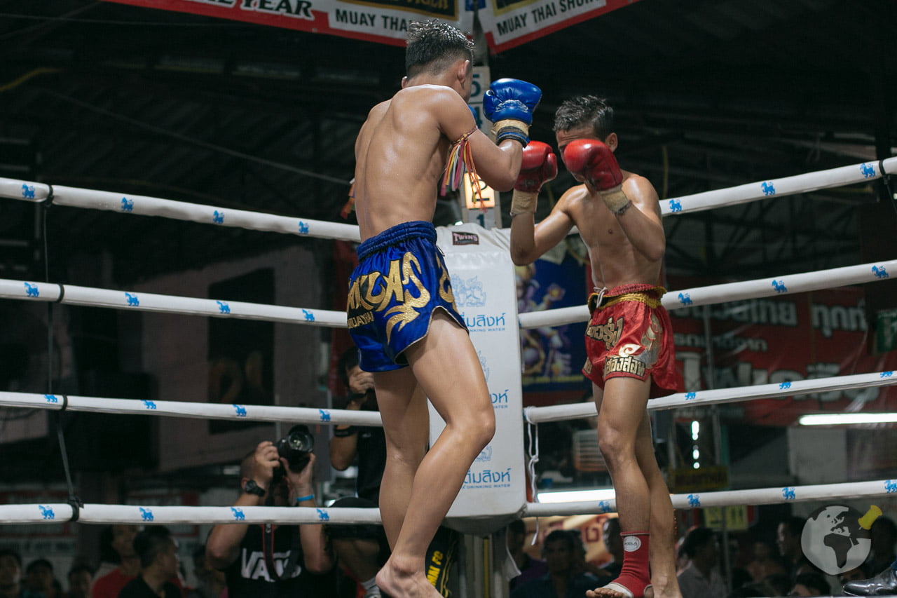 Dois jovens lutadores de muay thai se enfrentam em um ringue sob a atenção do público.