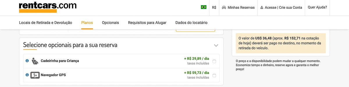 Aluguel de carro no Chile - Opcionais 