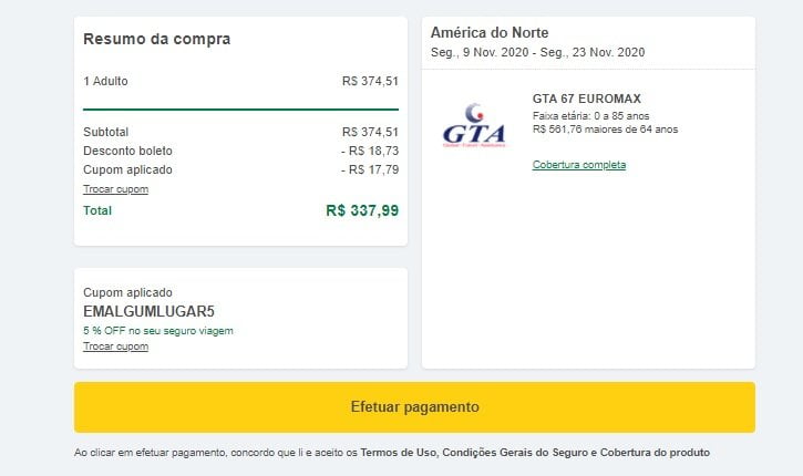 Seguro viagem Canadá: finalizar compra