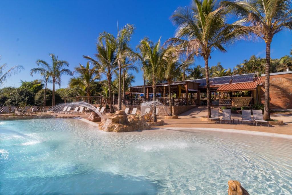 Piscina que lembra o mar com coqueiros em sua volta.