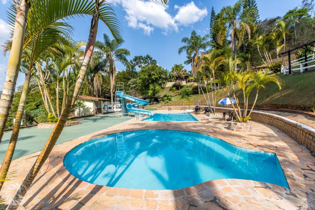 Piscina ao ar livre cercada por área verde e coqueiros em pousada em Atibaia