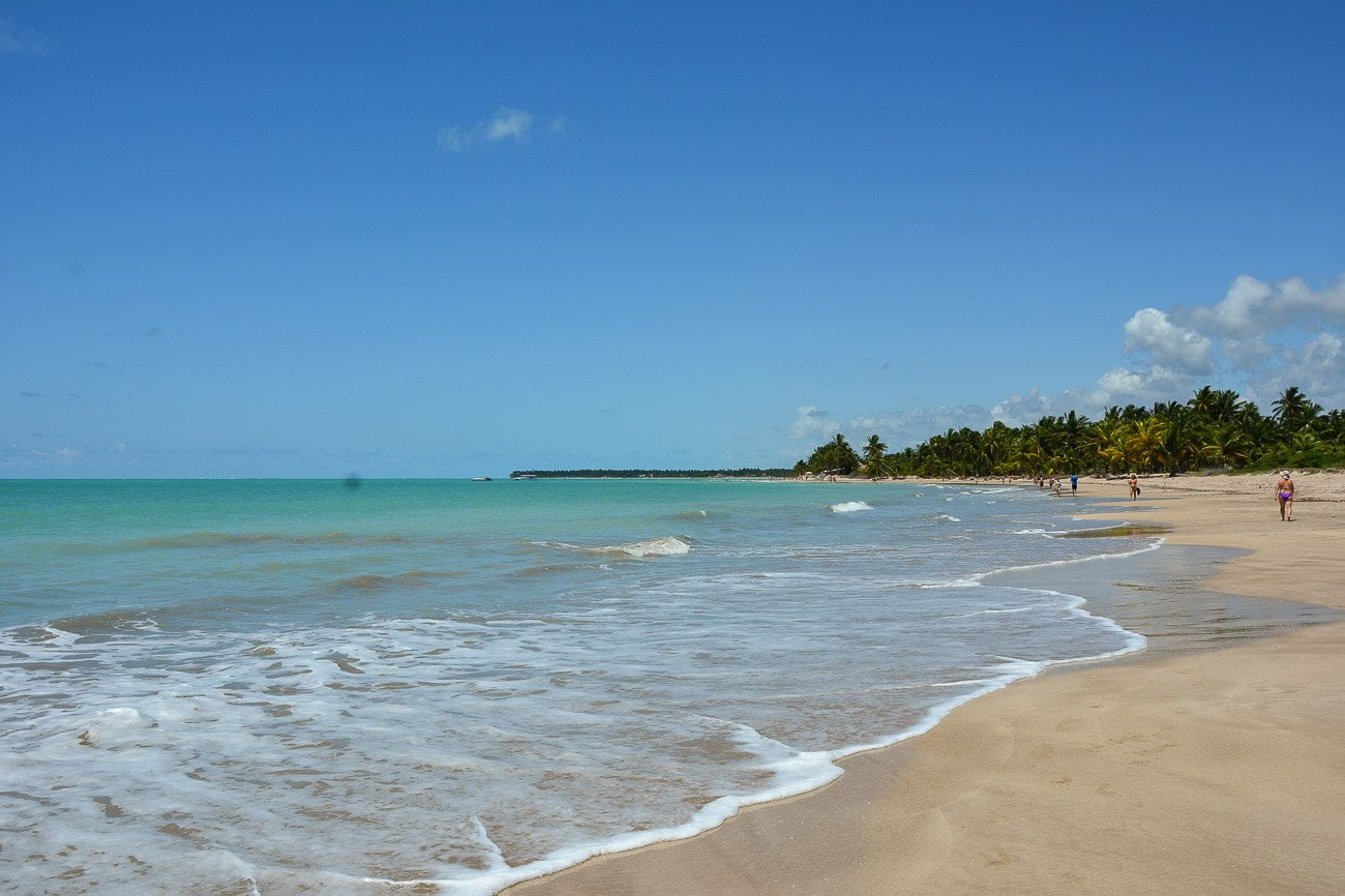 Mar de águas azuis cristalinas cercada por vegetação litorânea e extensa faixa de areia