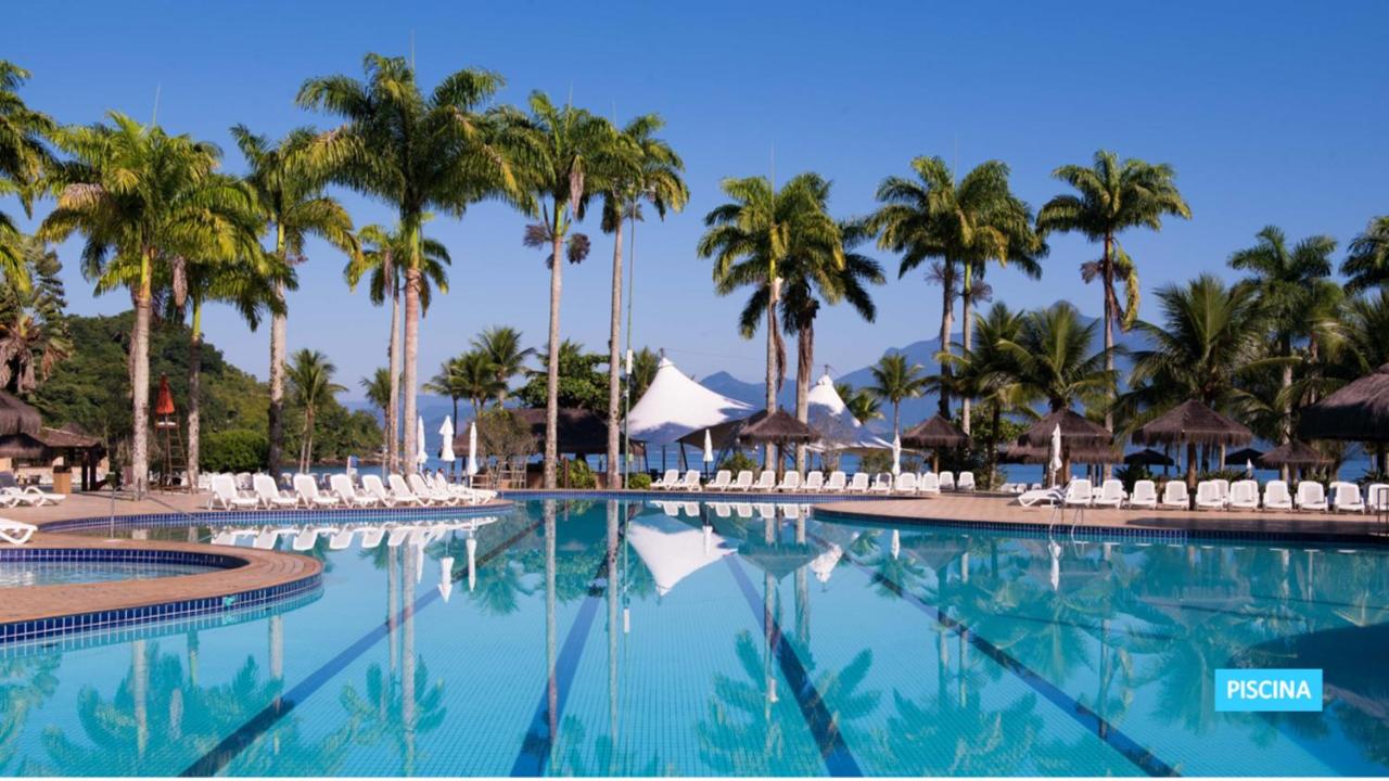 Piscina ao ar livre rodeada por coqueiros