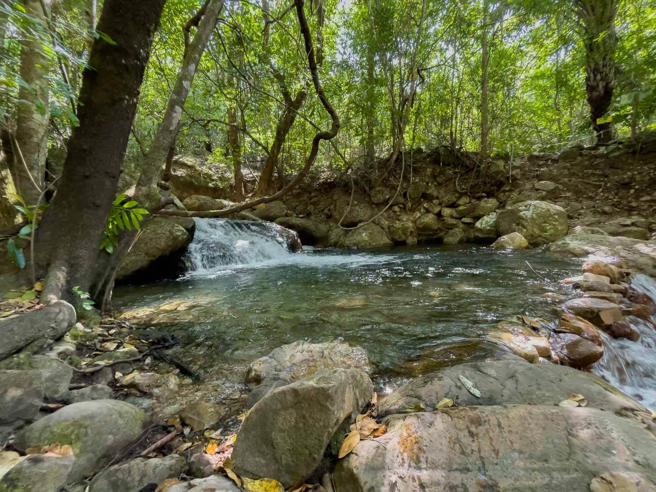 Águas cristalinas do Poço dos Gringos, cercado por árvores e pedras na beira.