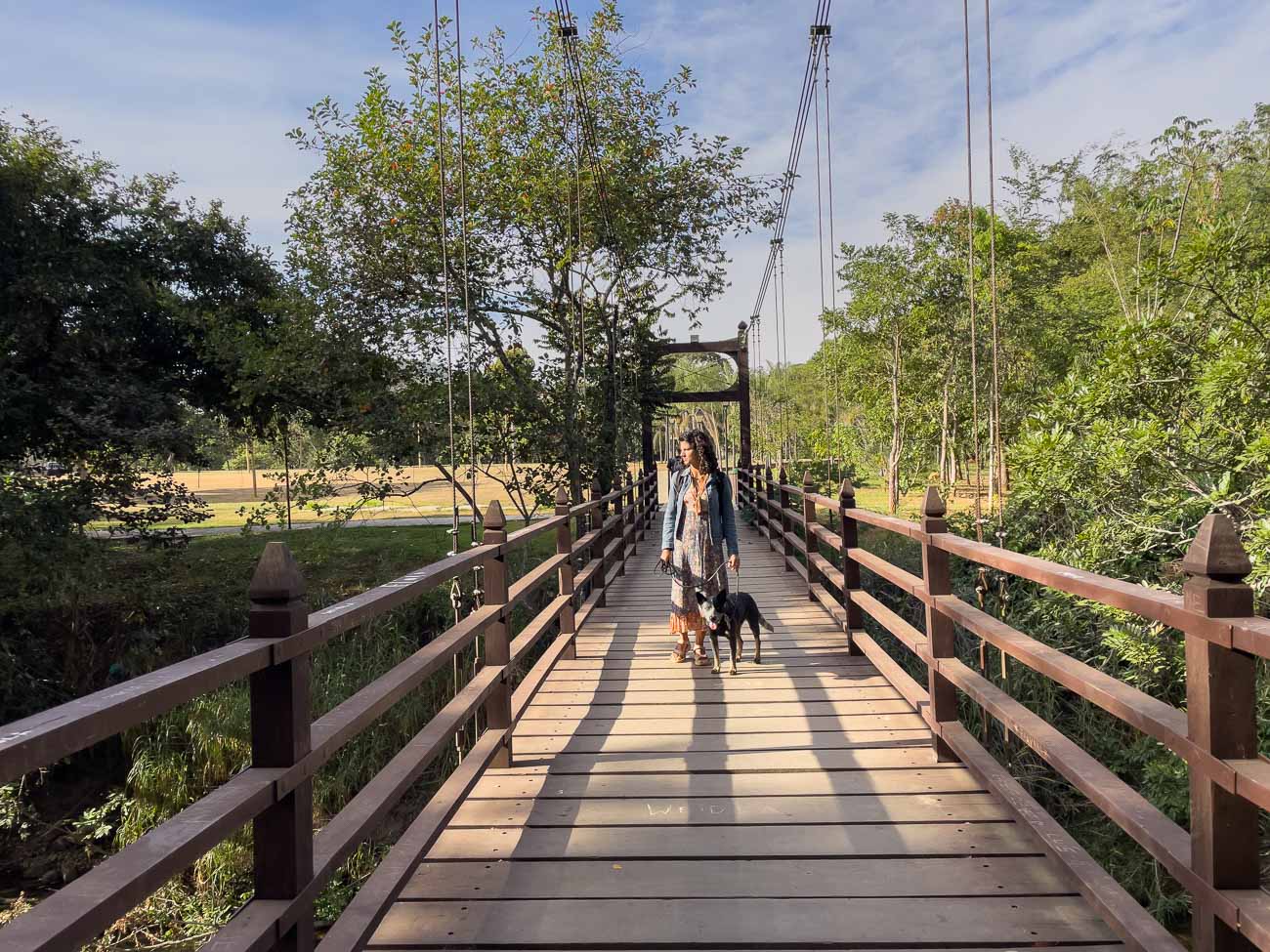 Mulher e cachorro caminhando na Ponte Pênsil Dona Benta em Pirenópolis