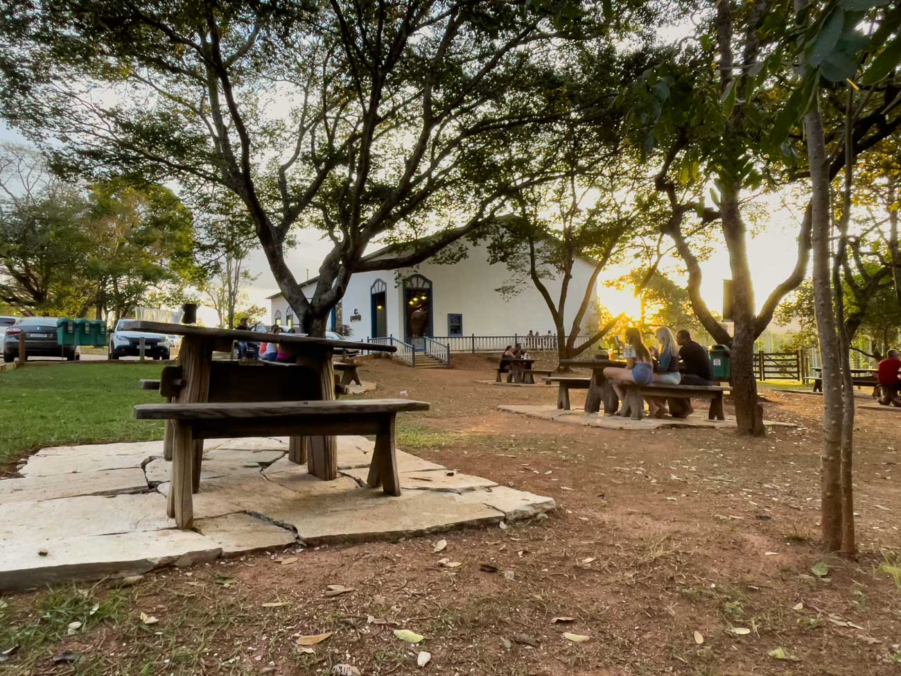 Garden Beer na Cervejaria Casarão com bancos e mesas de madeira e rodeados por árvores