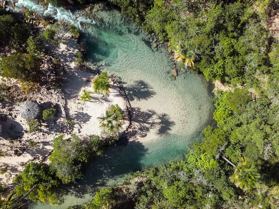 Vista de cima da Praia do Pequizeiro cercada por vegetação
