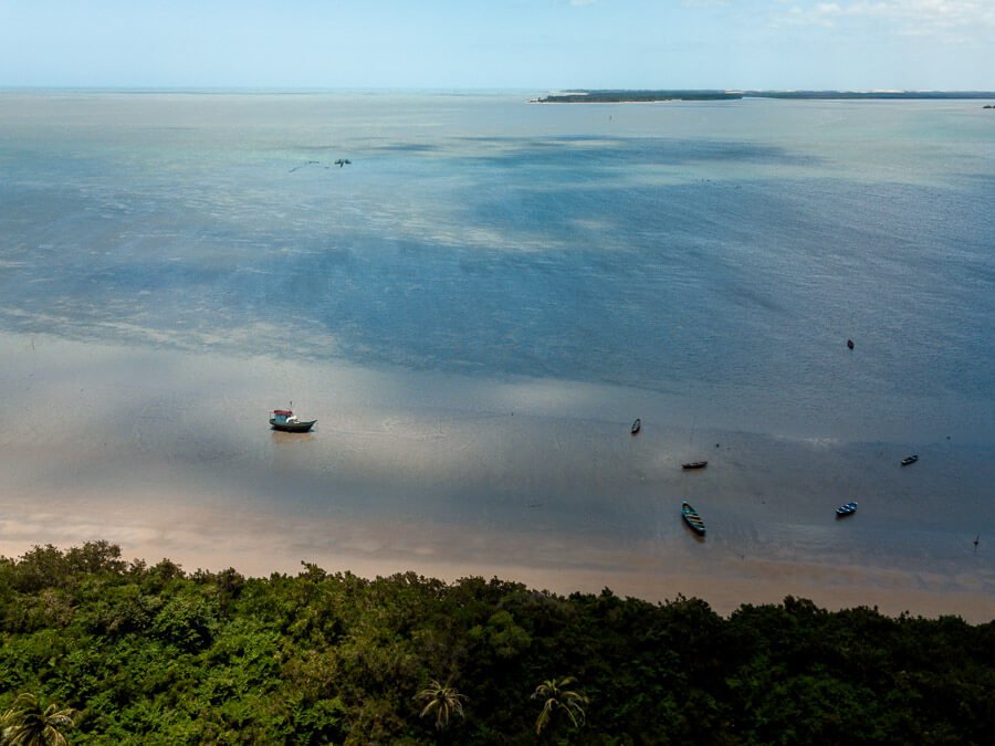 Vista panorâmica de orla repleta de árvores e ao fundo o mar de Cajueiro da Praia