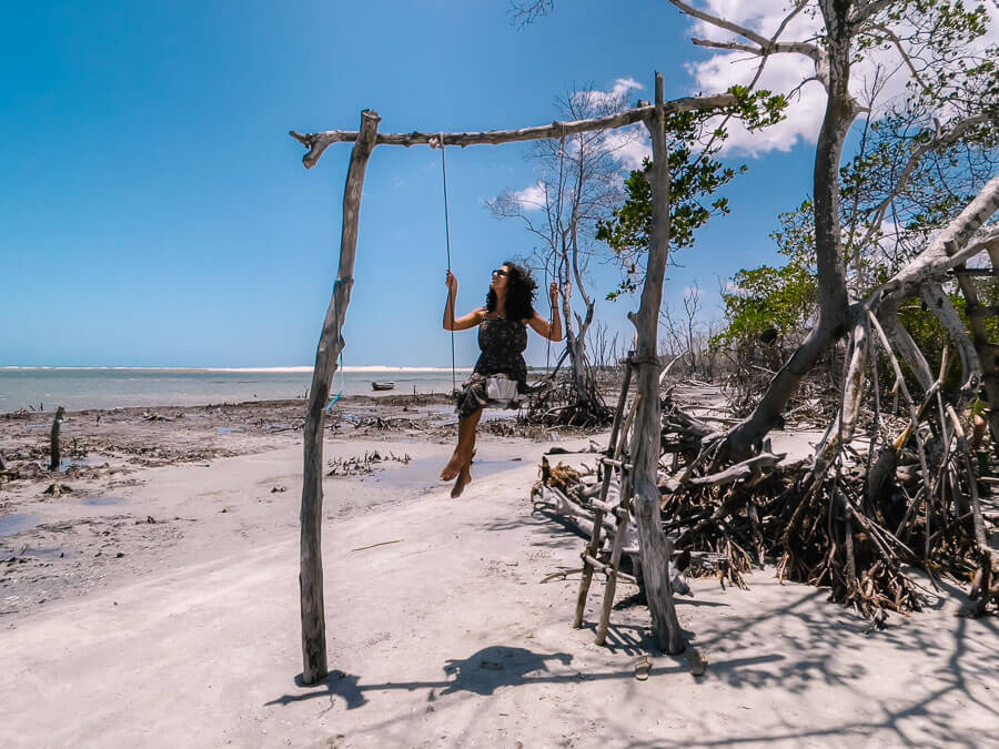 Mulher em balanço preso nas raízes do mangue na Praia de Guriú