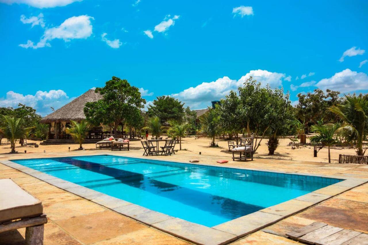Piscina retangular ao ar livre e algumas árvores em volta.