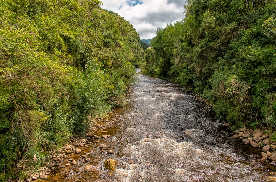 Rio Bugres com algumas corredeiras e pedras ao fundo, rodeado por natureza