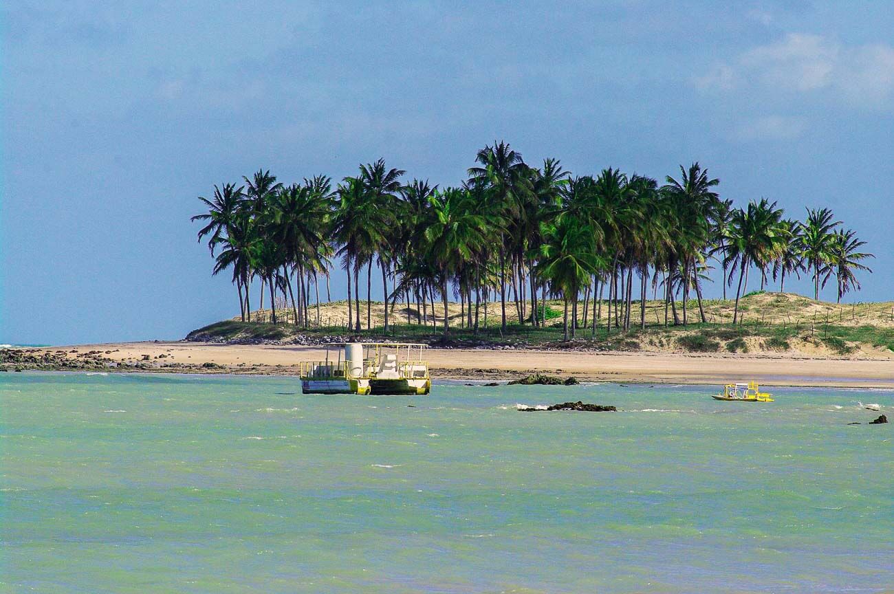 Mar com jangadas na Praia de Maracajaú e ao fundo coqueiros e pequenas dunas com vegetação