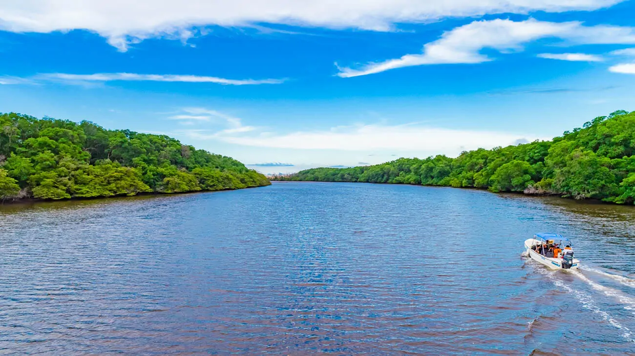 Pequeno barco com tripulantes passando pelo Rio Parnaíba, rodeado por natureza.