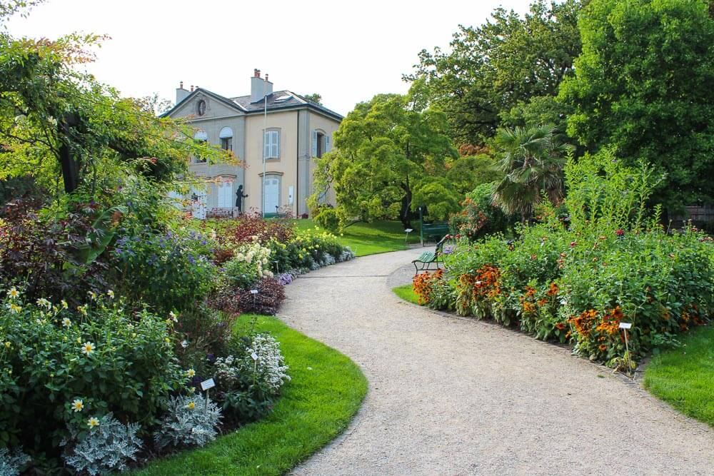 Caminho curvilíneo e rodeado de plantas dentro do Jardim Botânico de Genebra.