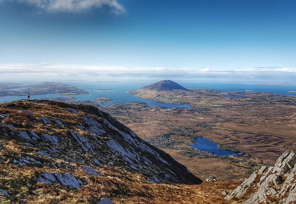 Visão panorâmica do Parque Nacional de Connemara, em Dublin. Há algumas montanhas, um lago e pouca vegetação.