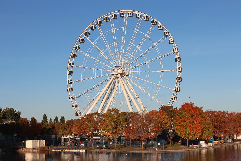 La Grande Roue de Montréal rodeada de árvores típicas do Canadá.