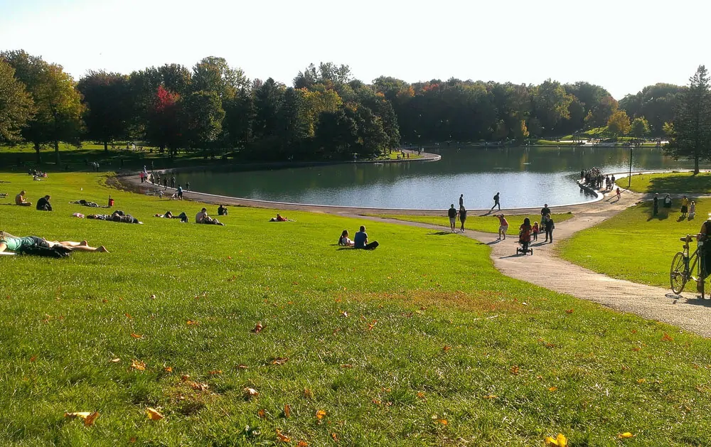 Pessoas aproveitando o Parque Mont Royal em um dia radiante.
