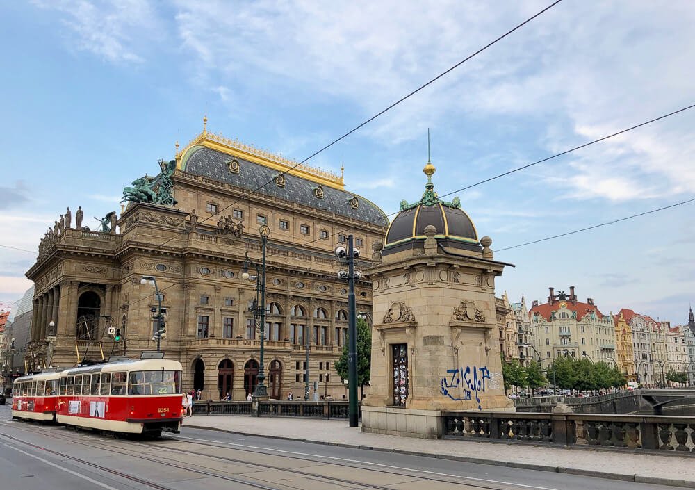 Avenida Národní com trem elétrico e Teatro Nacional de Praga.