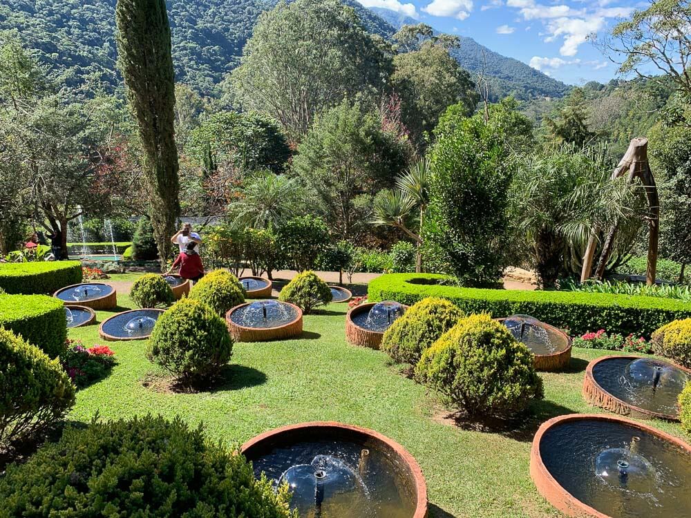Jardim dos Pinhais Ecco Parque com muitas árvores, arbustos e pequenas fontes redondas.