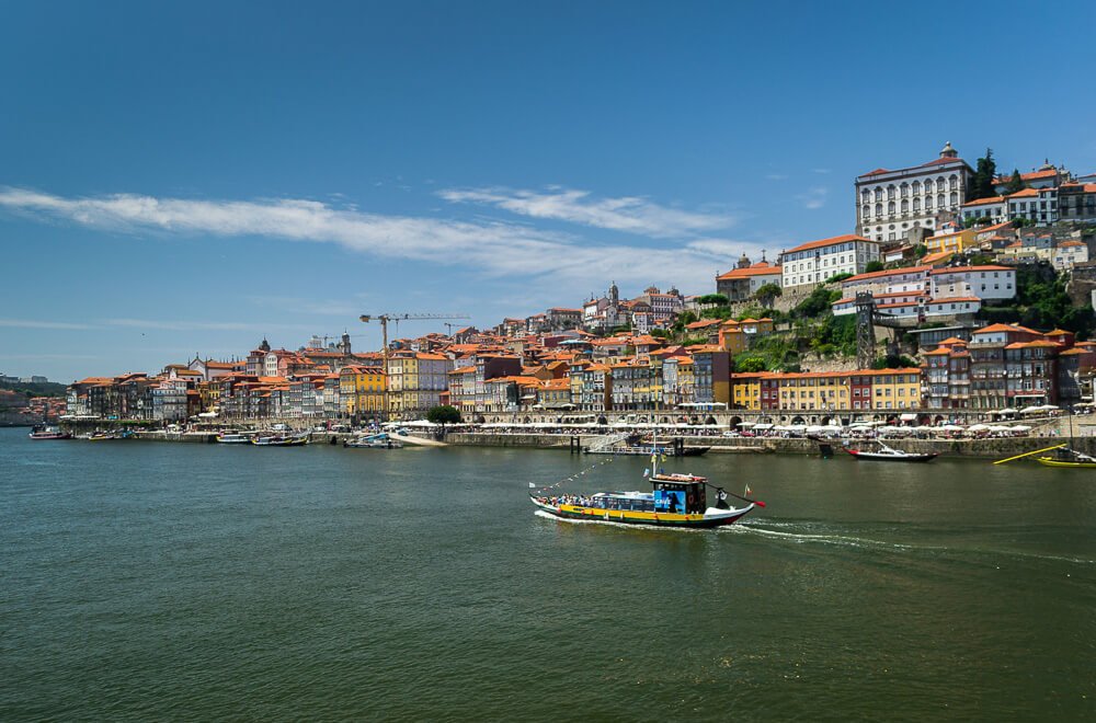 Vista para o Rio Douro e, ao fundo, edifícios coloridos e o Cais da Ribeira.