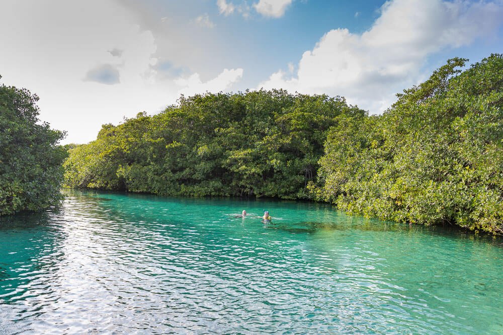 Casa Cenote com águas cristalinas e uma pequena vegetação nos arredores.
