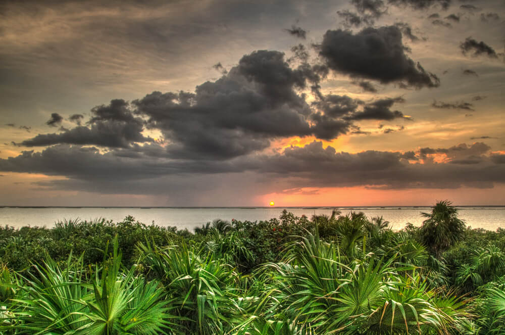 Pôr do sol na Reserva da Biosfera Sian Ka'an, com uma vegetação litorânea e o mar.