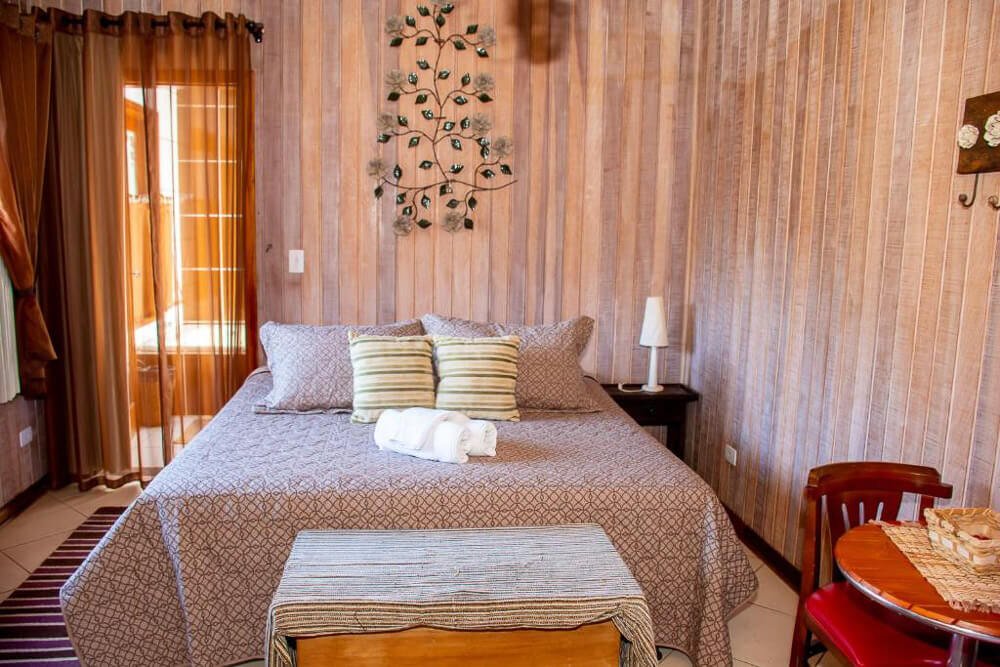 Quarto da Pousada Vinhas do Pinhal, com cama, parede de madeira, mesa com cadeira e decoração rústica.