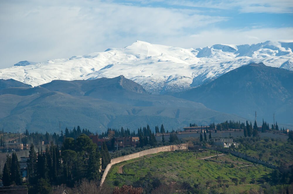 Região da Sierra Nevada, com um campo cheio de árvores e montanhas cobertas pela neve.