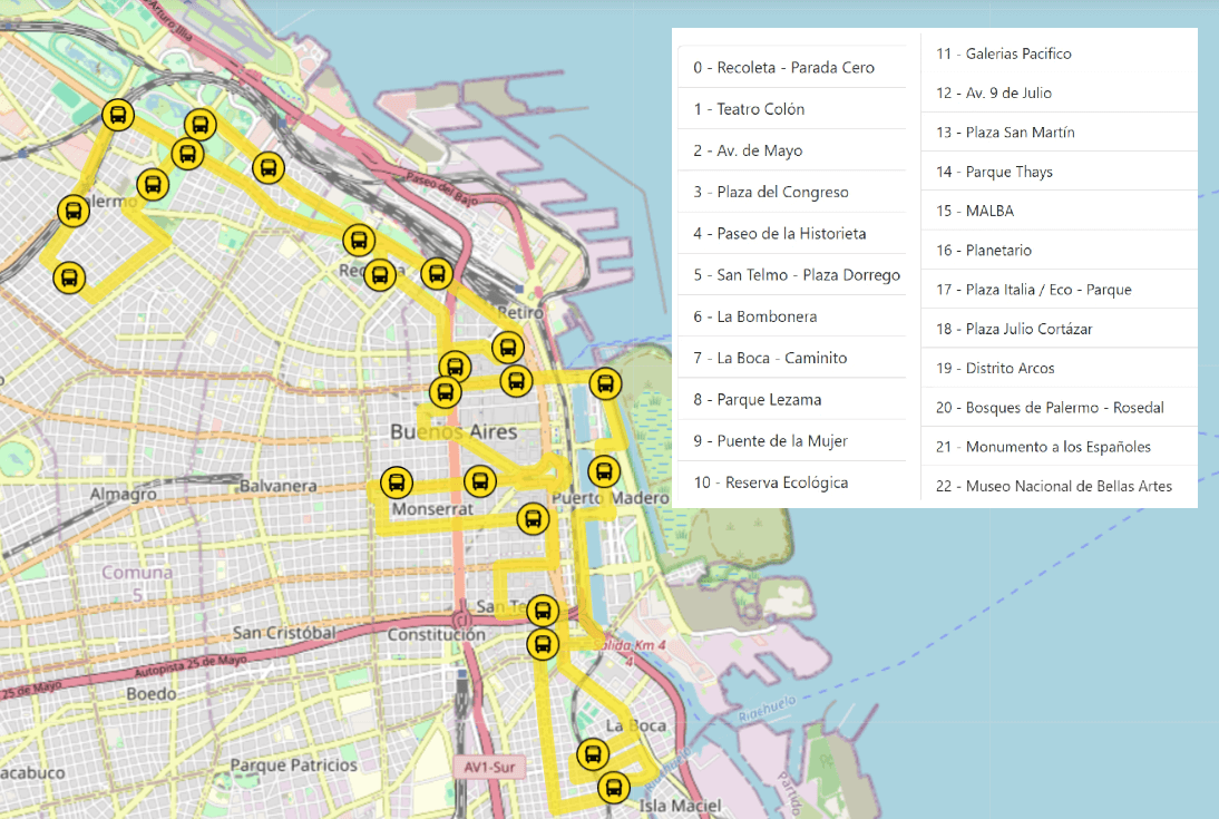 Mapa de Buenos Aires com paradas de passeio de ônibus marcadas.