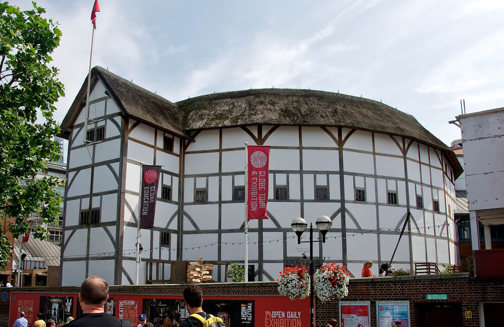 O exterior do Shakespeare Globe Theatre, na cidade de Londres, durante o dia.