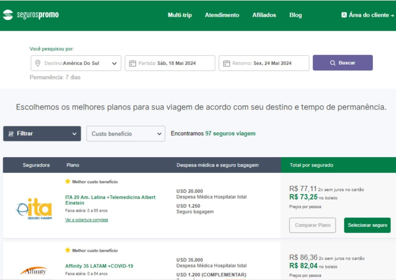 Imagem demonstrando o primeiro passo da escolha e contratação de um seguro: visualização dos seguros no site Seguros Promo.