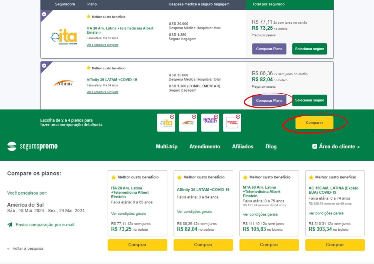 Imagem demonstrando como selecionar seguros e comparar planos, no site Seguros Promo.