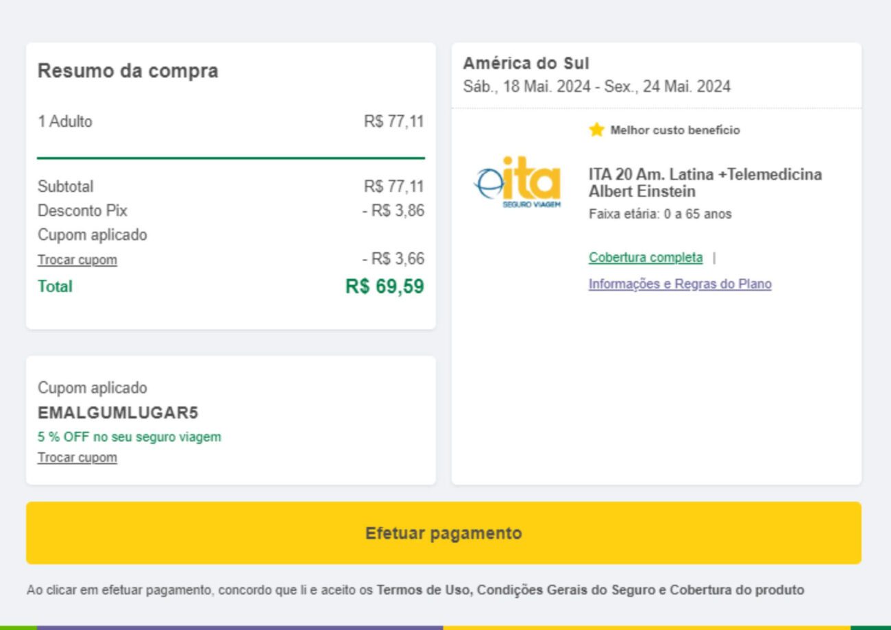 Imagem de demonstração da compra de um plano de seguro no site Seguros Promo, fazendo uso do nosso cupom de 5% de desconto, EMALGUMLUGAR5.