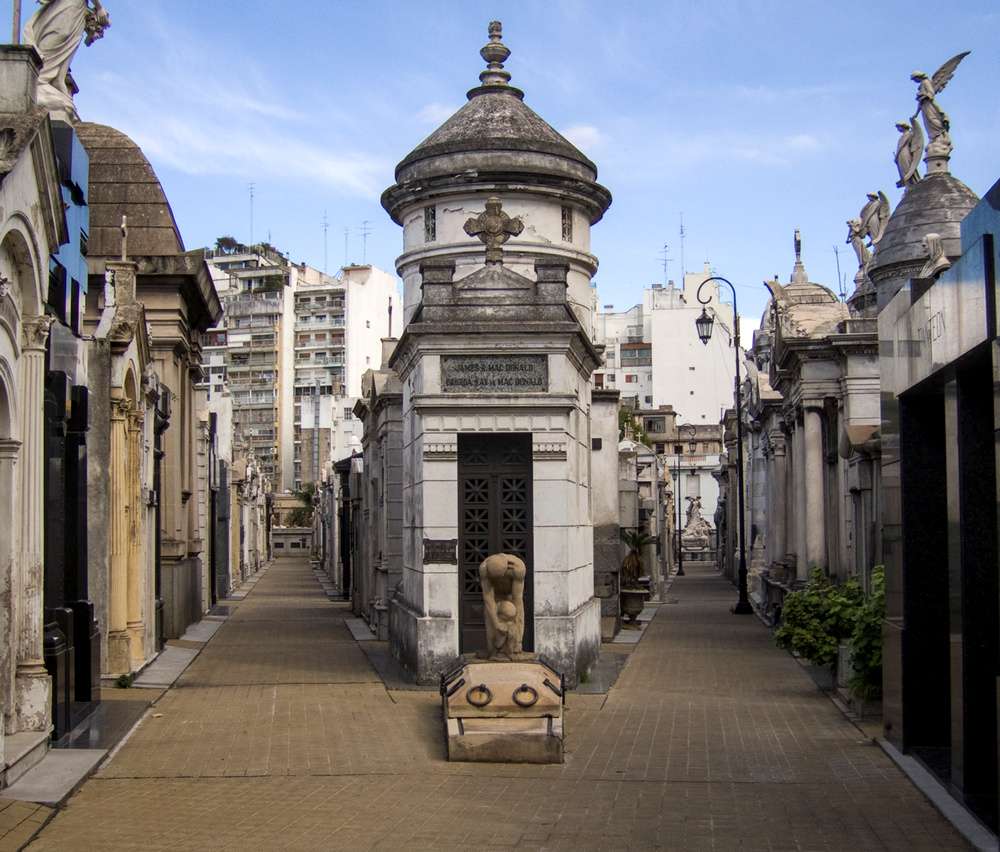 Uma fileira de mausoléus no Cemitério da Recoleta.