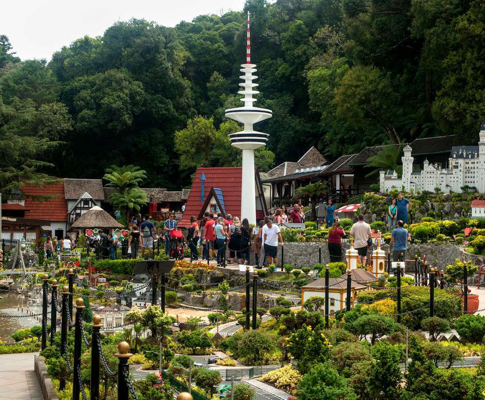Mini Mundo em Gramado, um parque de miniaturas detalhadas de prédios e cenários europeus. Pessoas passeiam apreciando as réplicas, rodeadas por jardins bem cuidados e trilhas.