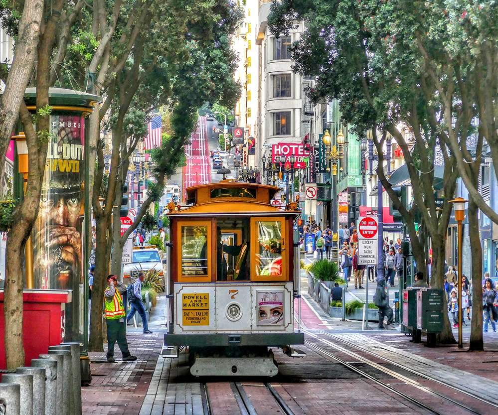 O cable car, o famoso bondinho de San Francisco, cercado por árvores e prédios, avança pela movimentada Powell Street, com pedestres e anúncios ao fundo.