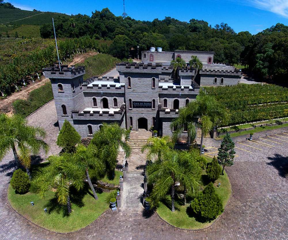 A Vinícola Cave de Pedra em Bento Gonçalves, rodeada por vinhas e palmeiras, com uma arquitetura que lembra um castelo.
