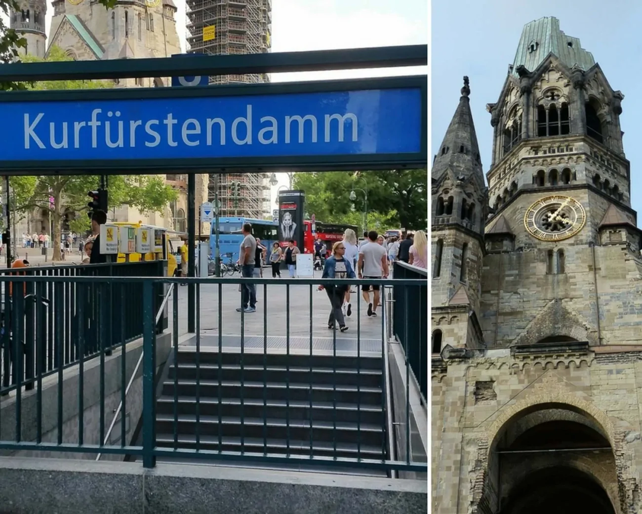 Colagem com uma imagem da placa e entrada da Estação Kurfurstendamm e, à direita, a torre da Igreja Gedächtniskirche.