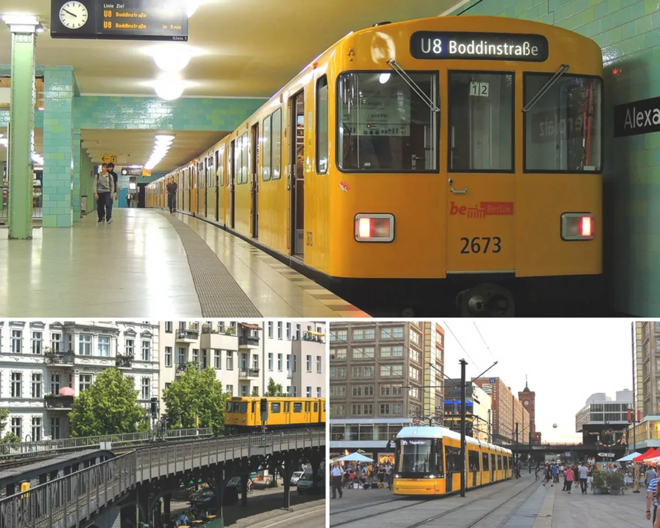 Colagem com imagens dos transportes públicos de Berlim.