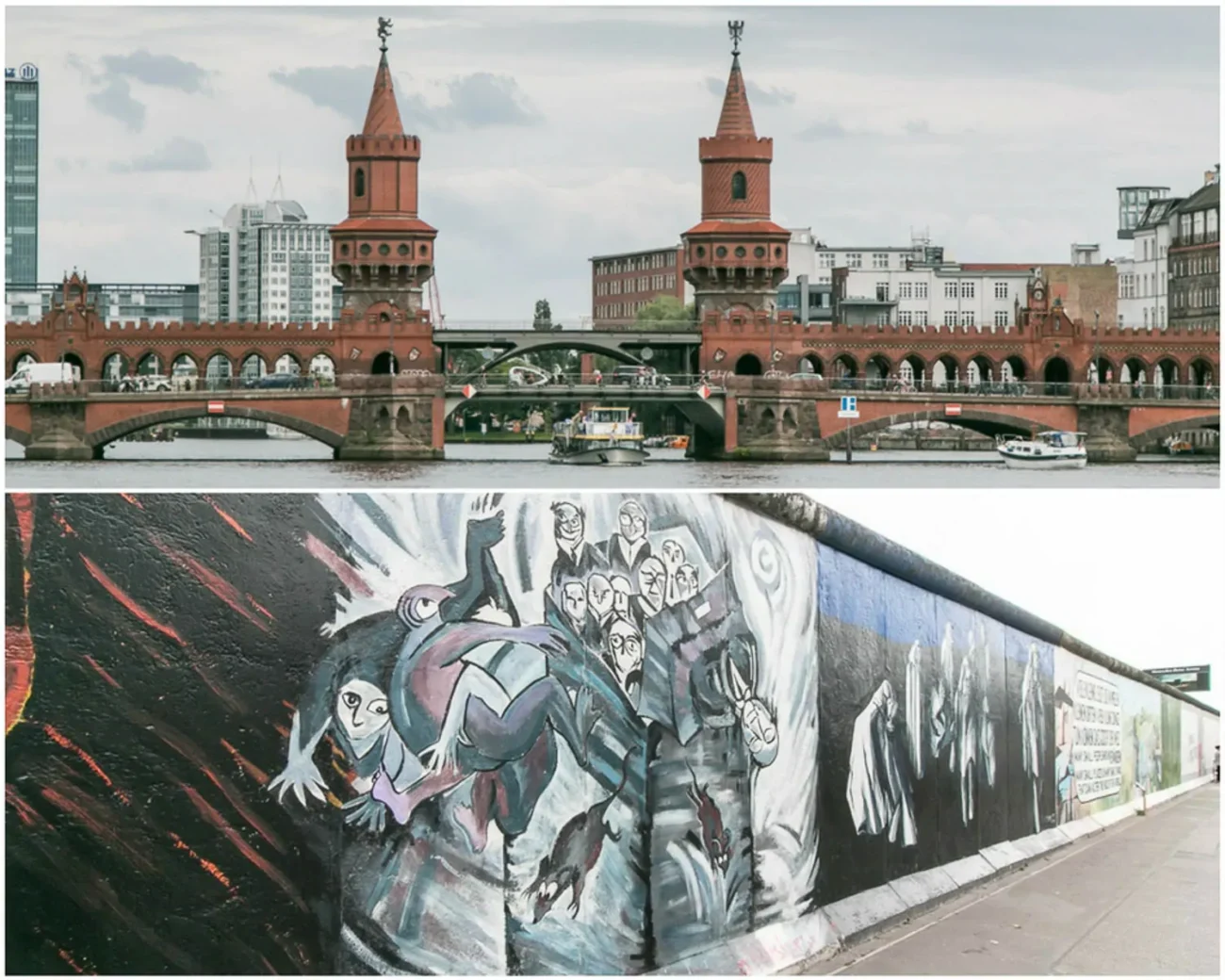 Colagem com duas imagens retangulares: a ponte Oberbaumbrücke e um muro grafitado.