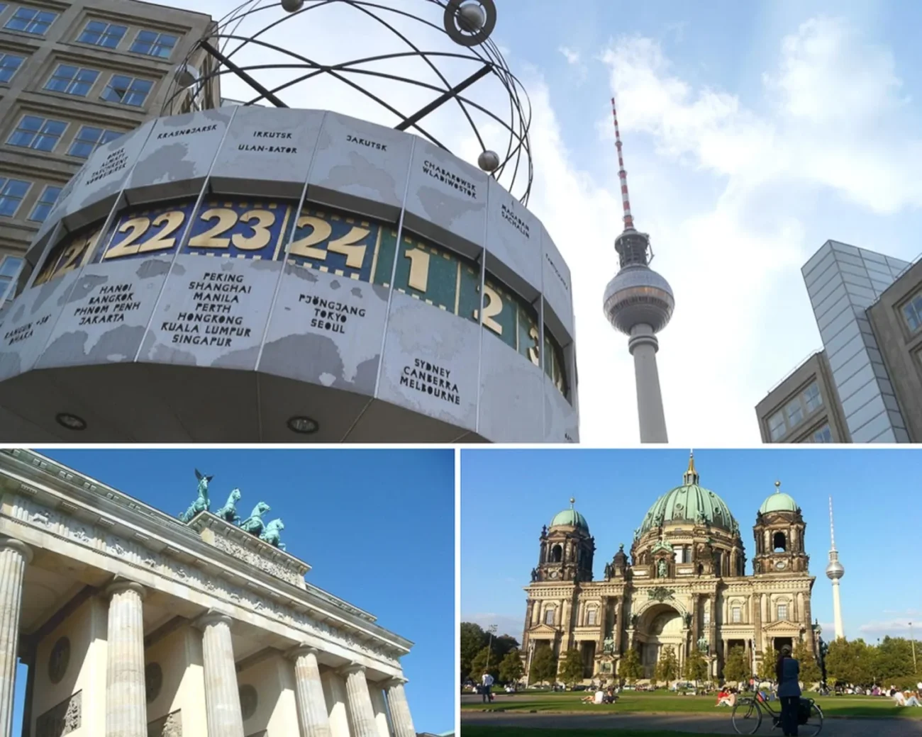 Colagem com imagens diurnas da Catedral de Berlim, Portão de Brandemburgo e Alexanderplatz.