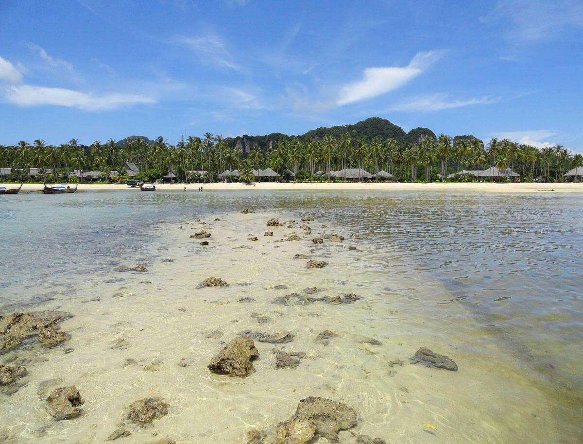 Praia tranquila com palmeiras, águas rasas e algumas rochas espalhadas no litoral em Loh Ba Kao Bay, Koh Phi Phi.