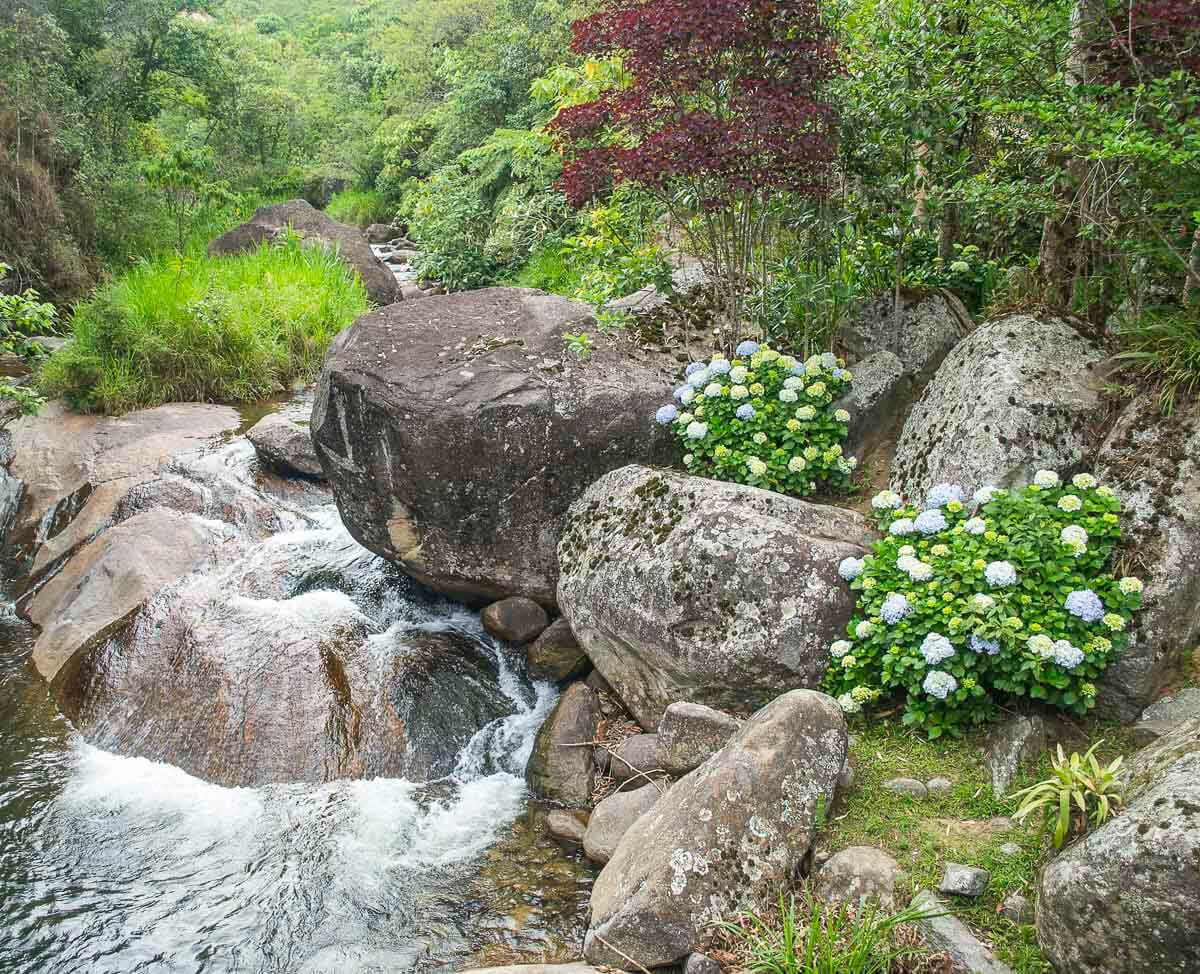 Cachoeira cercada por pedras e hortênsias, em meio à vegetação exuberante de Penedo.