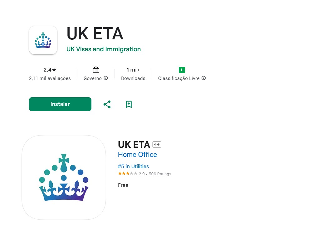 Tela das lojas de aplicativos mostrando o UK ETA, app oficial para solicitação de entrada no Reino Unido.