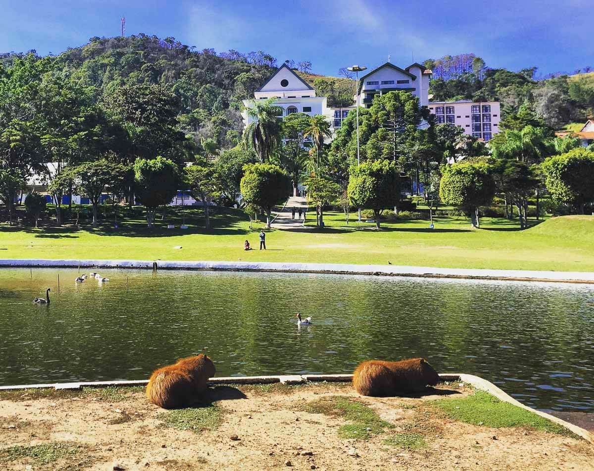 Vista da Praça Adhemar de Barros em Águas de Lindóia, com calçadão, comércios, pedestres e prédios ao fundo.