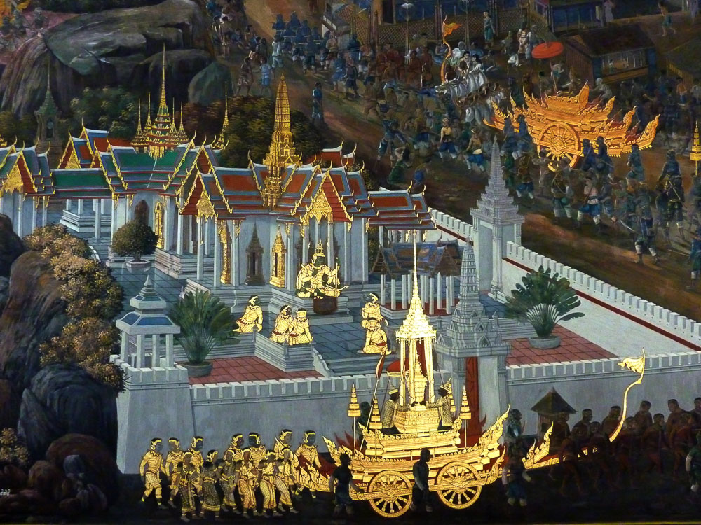 Pintura tradicional tailandesa no Mural de Ramakien, com palácio, figuras mitológicas e carruagem dourada