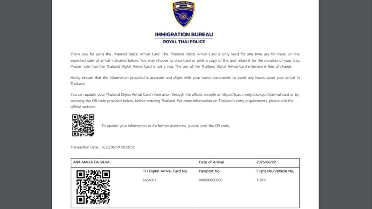 Documento oficial gerado após envio do TDAC, com QR code, número do cartão e dados de identificação do passageiro.