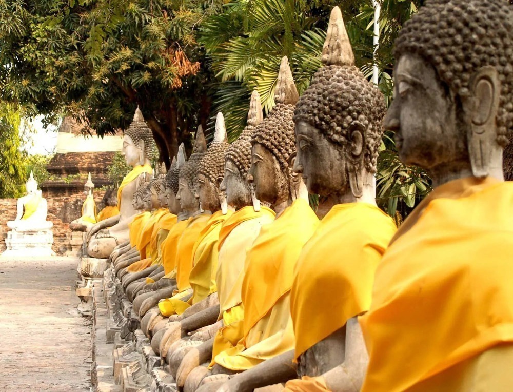 Linha de estátuas de Buda com mantos amarelos no Wat Yai Chai Mongkhon.