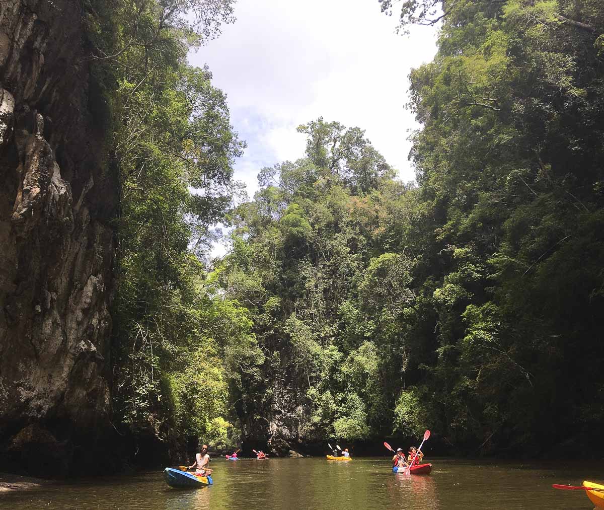 Grupo de turistas fazendo passeio de caiaque em rio rodeado por paredões de pedra e floresta densa em Ao Thalane, Krabi.