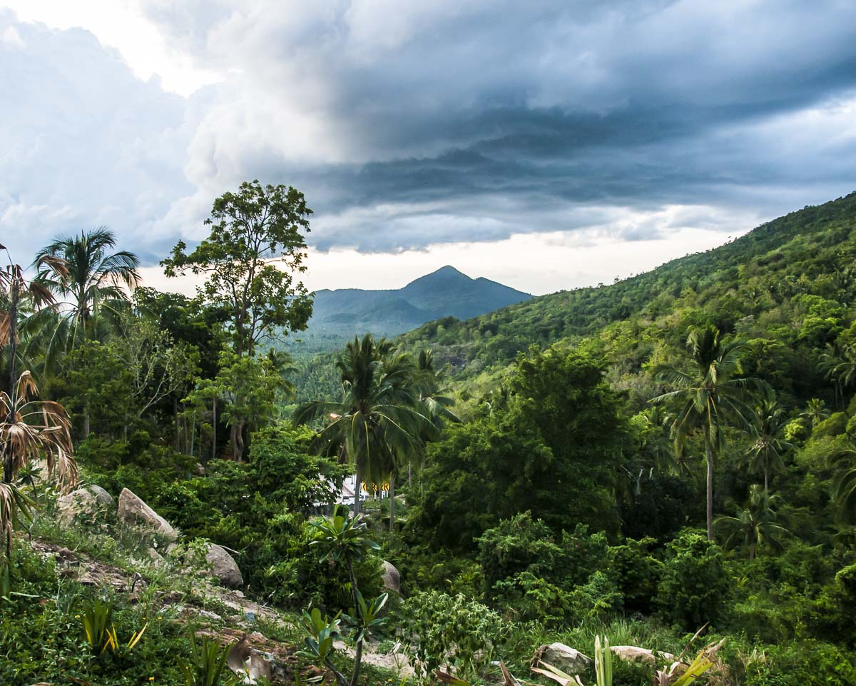 Montanhas verdes e céu nublado em Koh Phangan, com floresta densa e palmeiras.